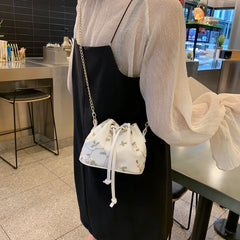 Embroidery Lace Shoulder Bucket Bag Drawstring Messenger Crossbody Bag