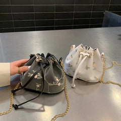 Embroidery Lace Shoulder Bucket Bag Drawstring Messenger Crossbody Bag