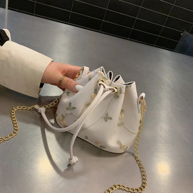 Embroidery Lace Shoulder Bucket Bag Drawstring Messenger Crossbody Bag
