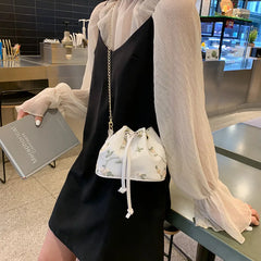 Embroidery Lace Shoulder Bucket Bag Drawstring Messenger Crossbody Bag