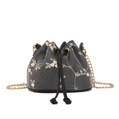 Embroidery Lace Shoulder Bucket Bag Drawstring Messenger Crossbody Bag
