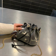 Embroidery Lace Shoulder Bucket Bag Drawstring Messenger Crossbody Bag