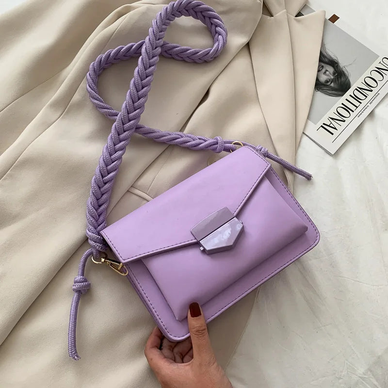 Braided Rope Shoulder Bag Solid Lock Small Square Bag Girl Fresh PU Messenger Ba