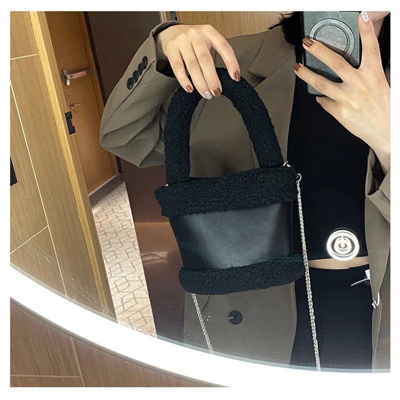 Lamb Hair Chain Crossbody Bucket Bag Female