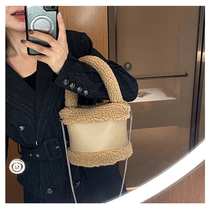 Lamb Hair Chain Crossbody Bucket Bag Female