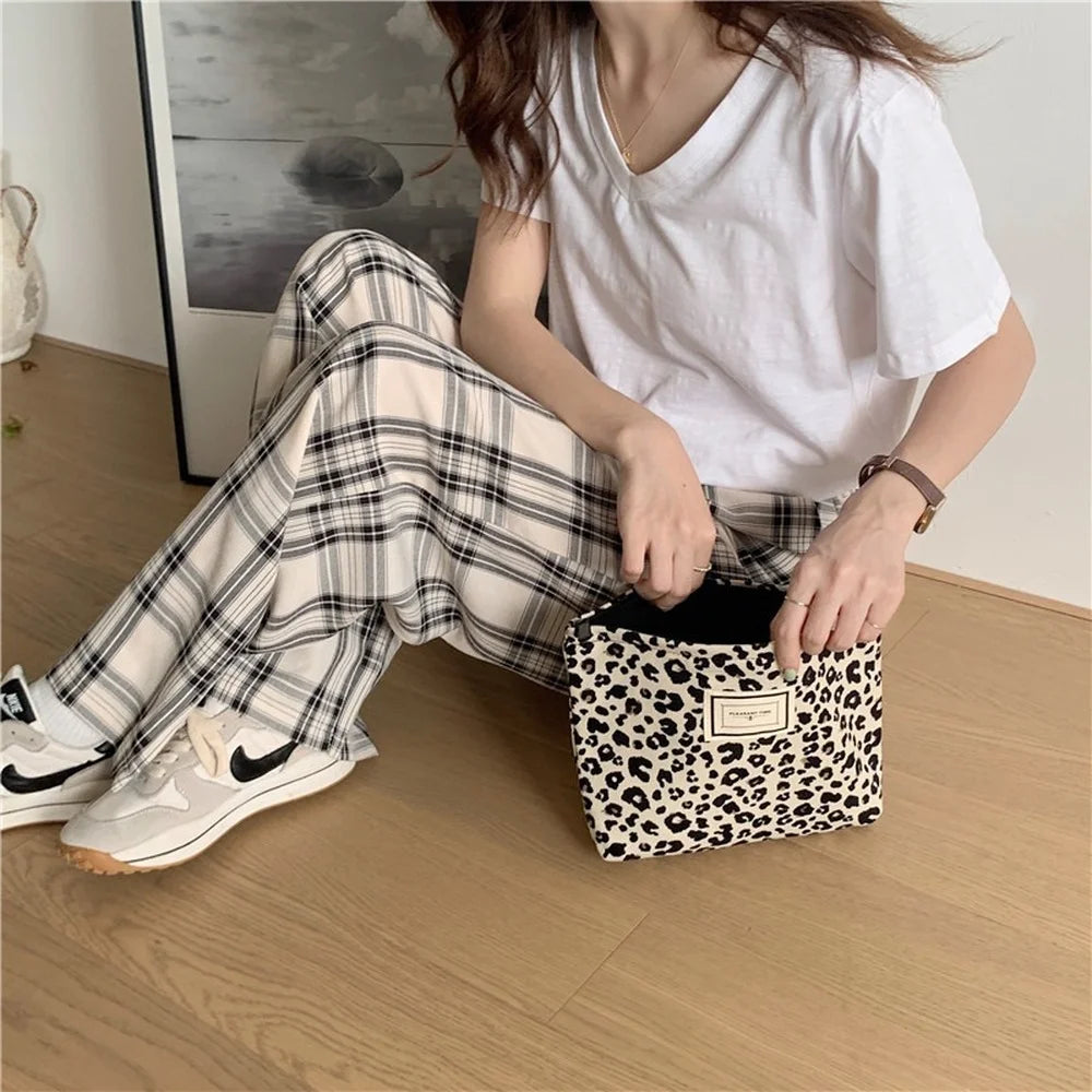 Leopard Print Cosmetic Bag Women Plaid Cosmetic Pouch Large Capacity