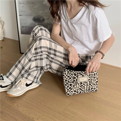 Leopard Print Cosmetic Bag Women Plaid Cosmetic Pouch Large Capacity