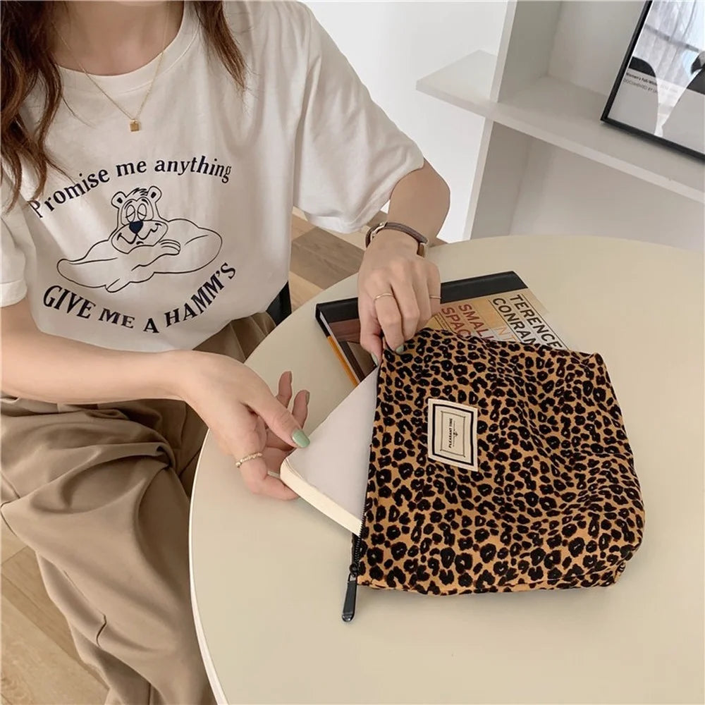 Leopard Print Cosmetic Bag Women Plaid Cosmetic Pouch Large Capacity