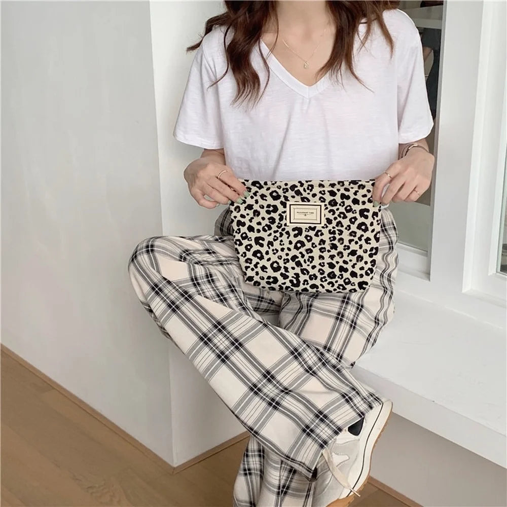 Leopard Print Cosmetic Bag Women Plaid Cosmetic Pouch Large Capacity