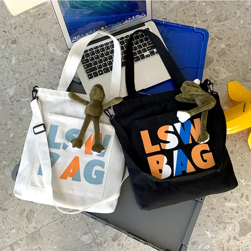 Canvas Shoulder Bag Men Women Cross Body Bag with Pendant