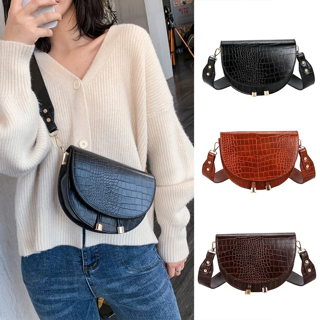 Crocodile Crossbody Bag Half Round PU Leather Handbag Shoulder Bolsa
