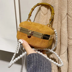 Square Faux Suede Evening Bag Retro Handbag Clutch with Wood Grain - Party Purse