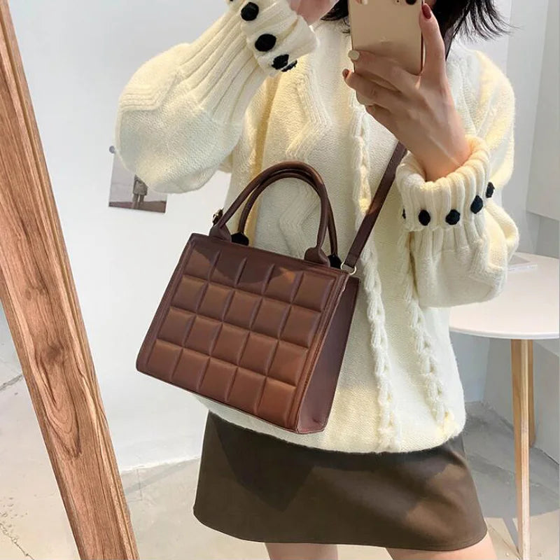 Plaid PU Leather Crossbody Shoulder Bag Small Top-handle Tote