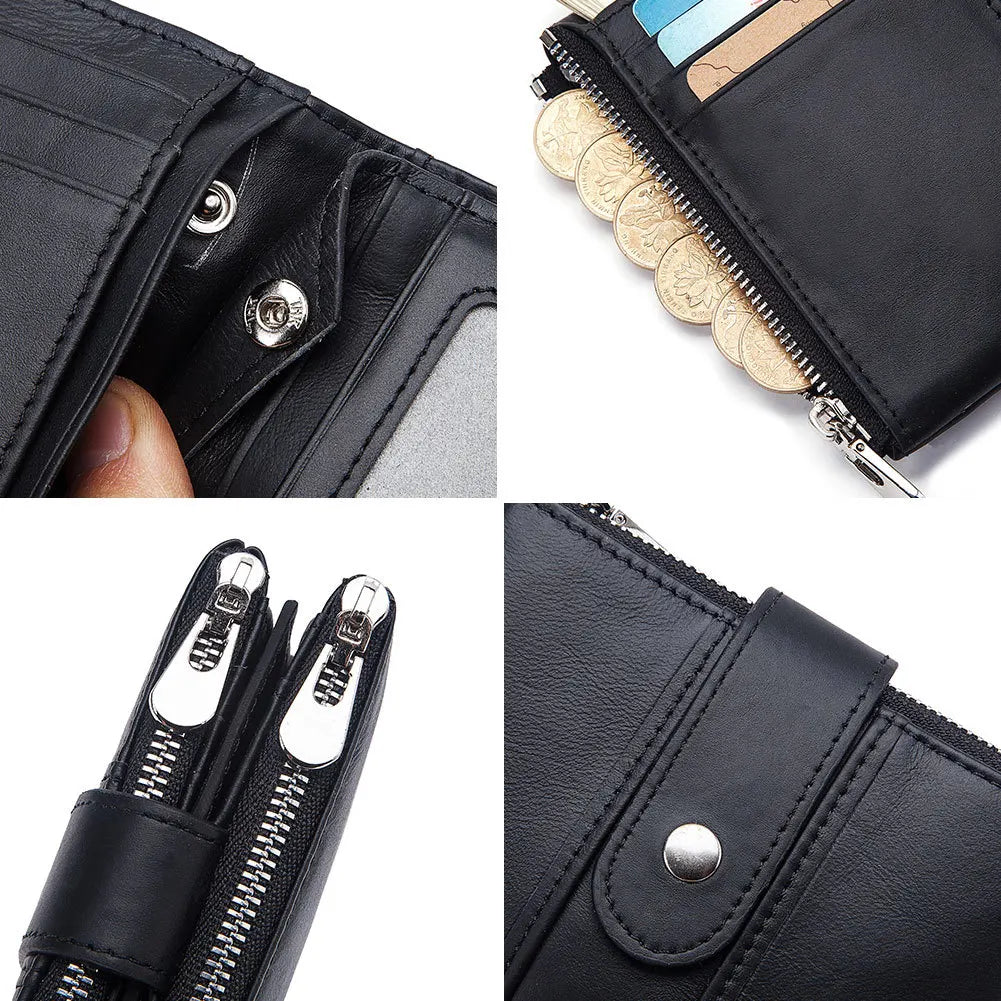 Men Small Leather Wallet Double Zipper Short Clip Multifunction Male
