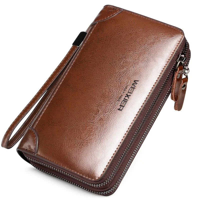 Men Business Wallet Leather Long Clutch Handy Bag Male Double Zipper Purse