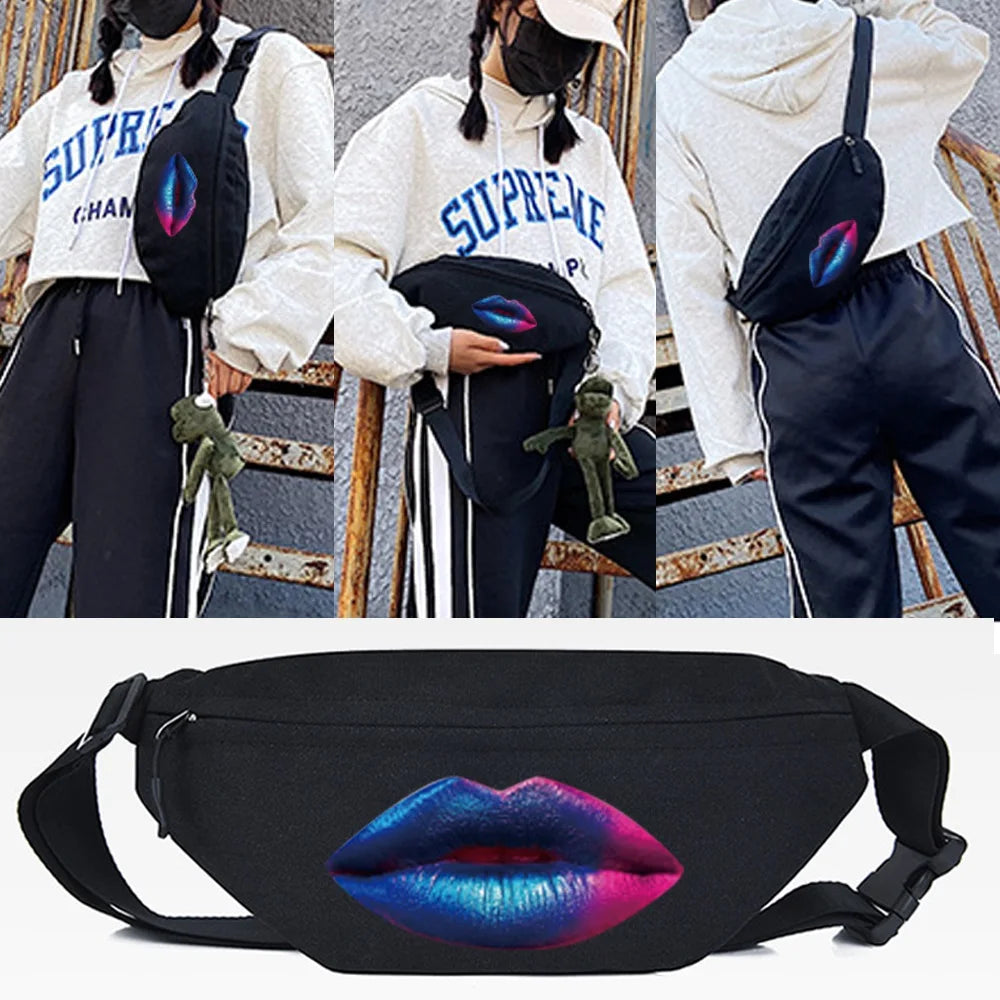 Casual Waist Pack and Purple Lips Print Chest Bag Canvas Shoulder Packs