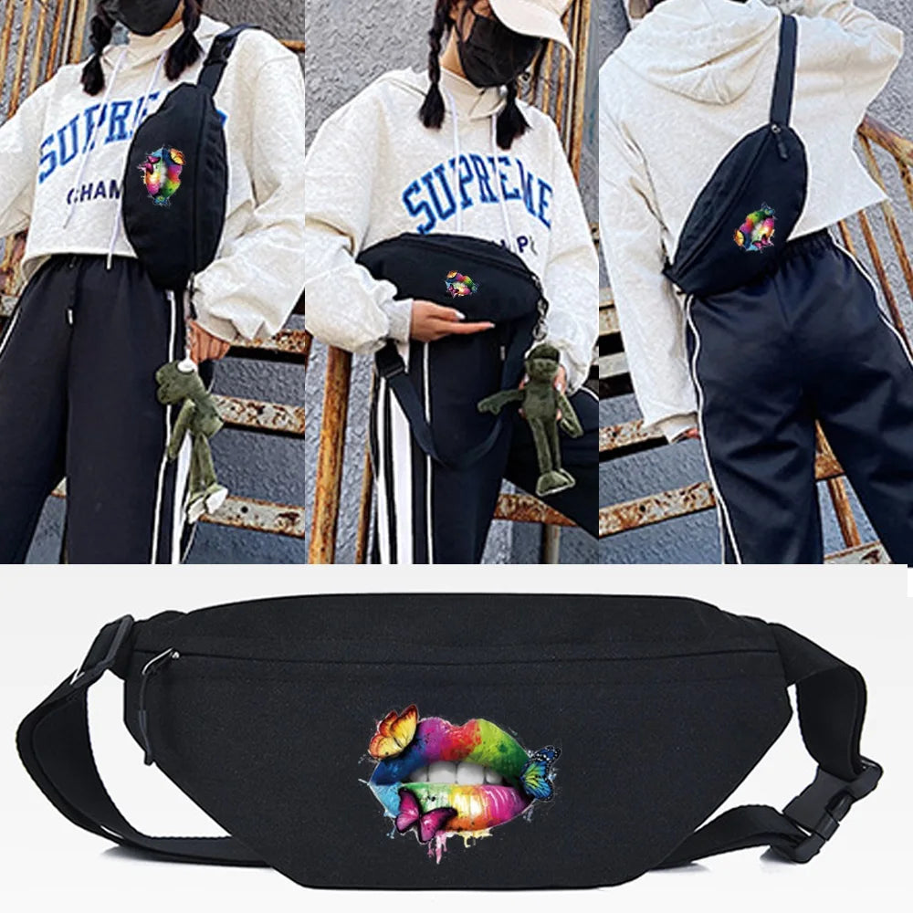 Casual Waist Pack and Purple Lips Print Chest Bag Canvas Shoulder Packs