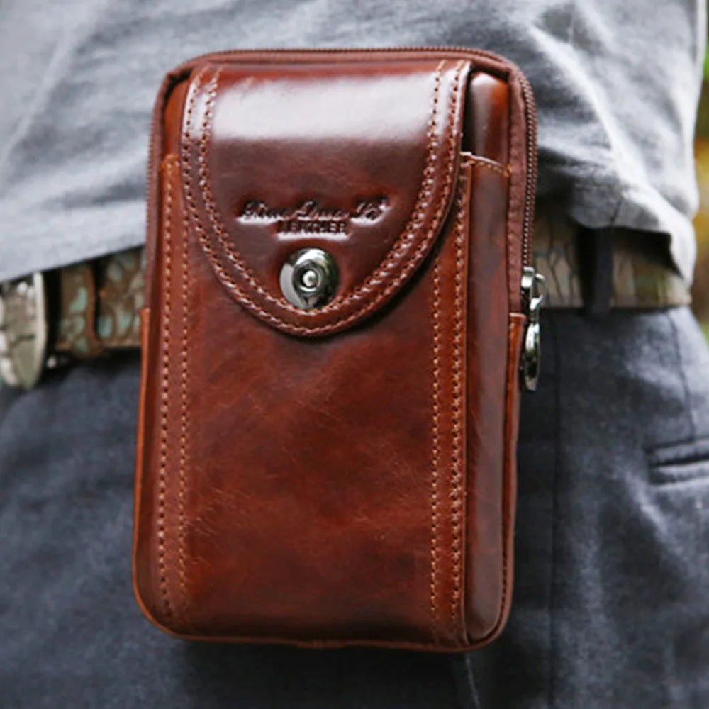 Men's Leather Cowhide Belt Pouch Fanny Pack Waist Bag