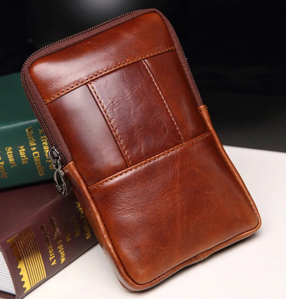 Men's Leather Cowhide Belt Pouch Fanny Pack Waist Bag