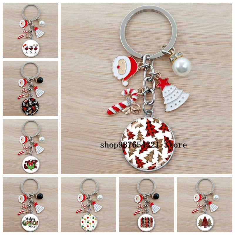 Christmas Happy Year Cartoon Keychain Glass Bead Pendant Keychain