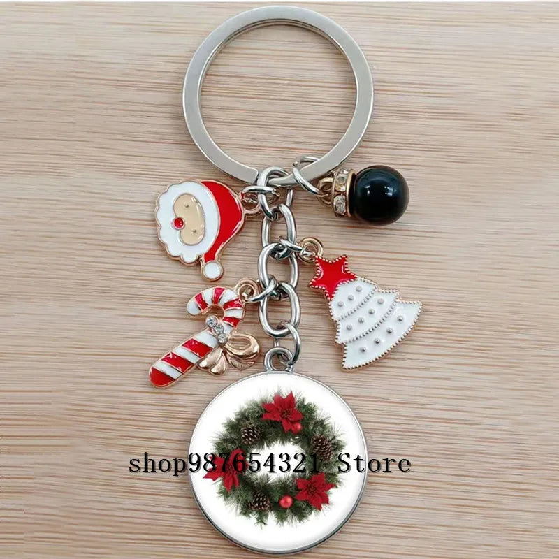 Christmas Happy Year Cartoon Keychain Glass Bead Pendant Keychain