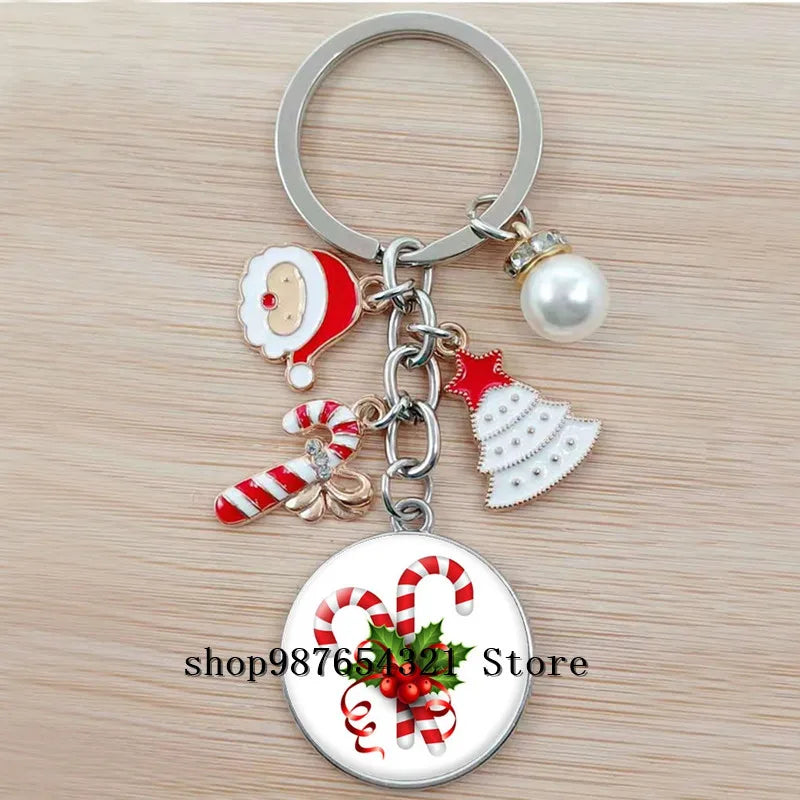 Christmas Happy Year Cartoon Keychain Glass Bead Pendant Keychain