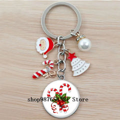 Christmas Happy Year Cartoon Keychain Glass Bead Pendant Keychain