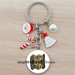 Christmas Happy Year Cartoon Keychain Glass Bead Pendant Keychain
