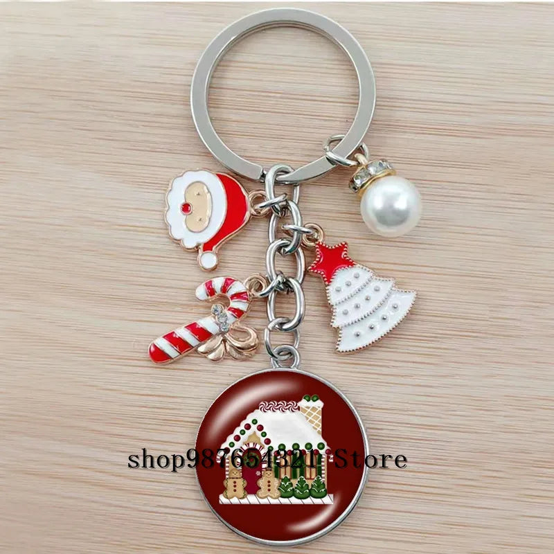 Christmas Happy Year Cartoon Keychain Glass Bead Pendant Keychain