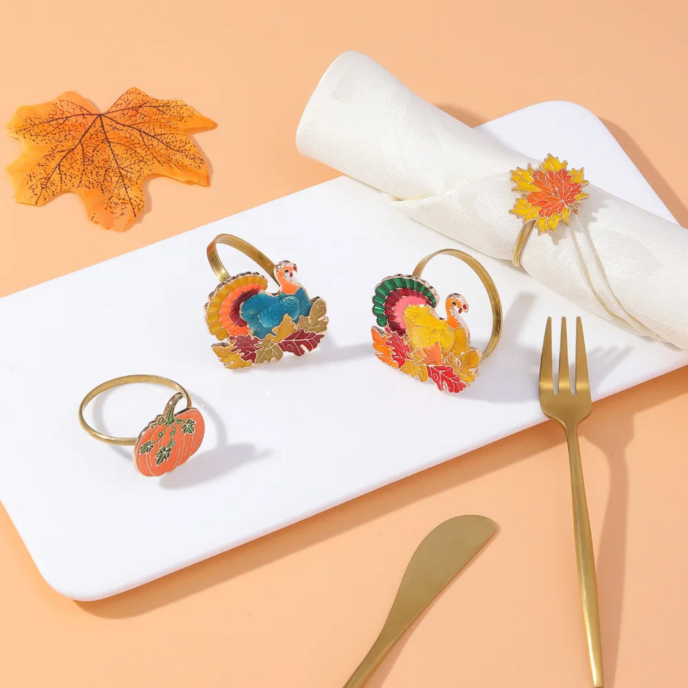 Metal Maple Leaf Pumpkin Turkey Napkin Rings Autumn Thanksgiving Decor