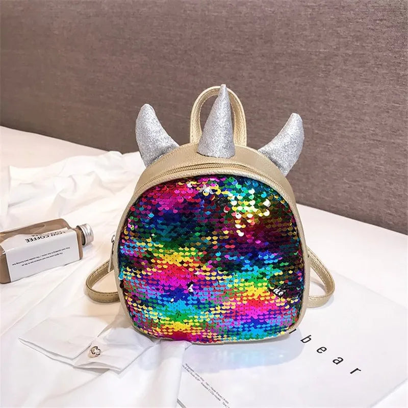 Mini Sequins Unicorn Backpack PU Leather Women Travel Small Bag