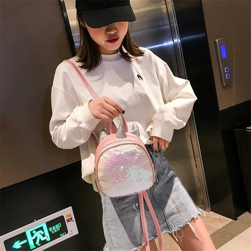 Mini Sequins Unicorn Backpack PU Leather Women Travel Small Bag