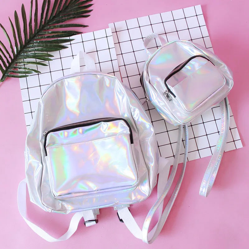 Silver Laser Backpack PU Leather Holographic School Bags for Girls