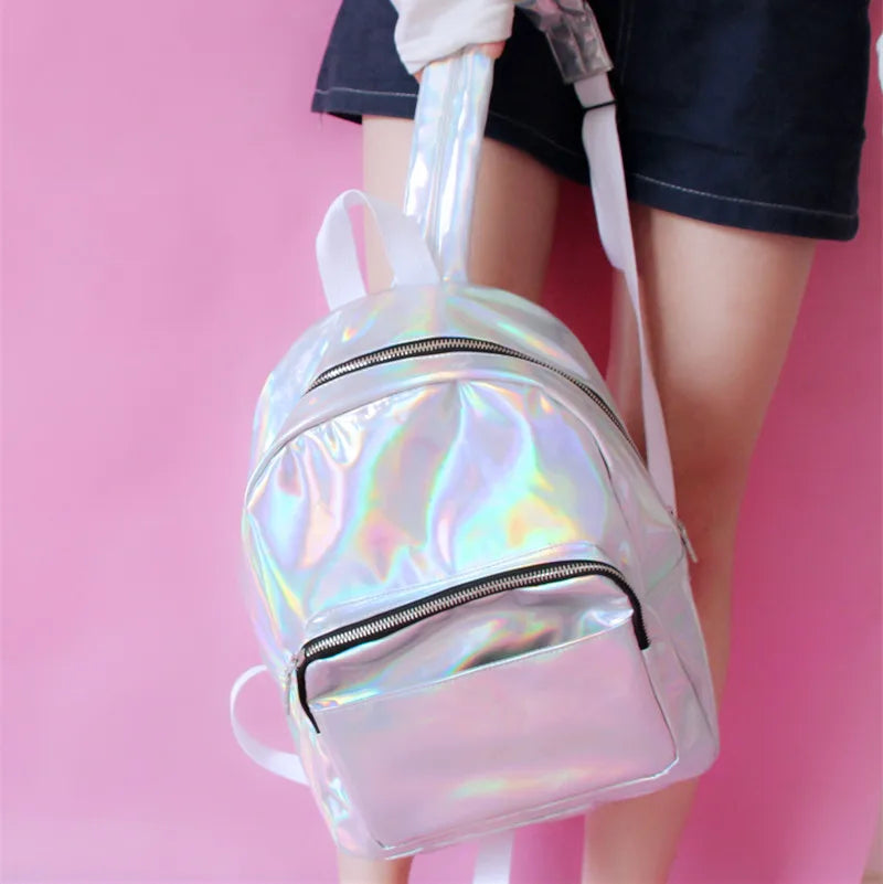 Silver Laser Backpack PU Leather Holographic School Bags for Girls