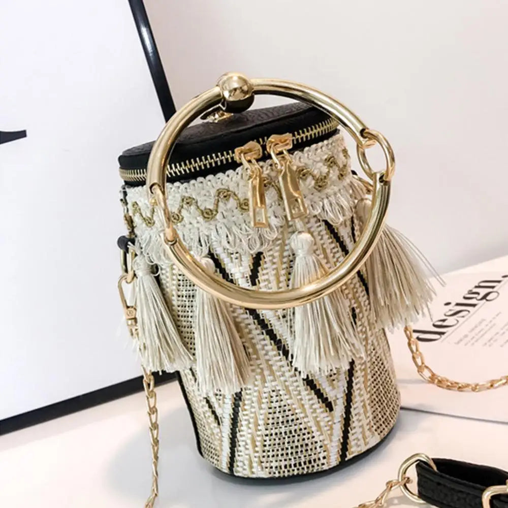 National Style Woven Bag, Women's Small Shoulder Bag with Tassel