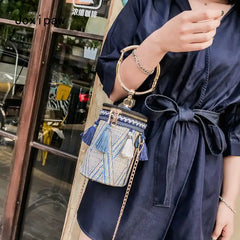 National Style Woven Bag, Women's Small Shoulder Bag with Tassel
