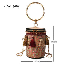 National Style Woven Bag, Women's Small Shoulder Bag with Tassel