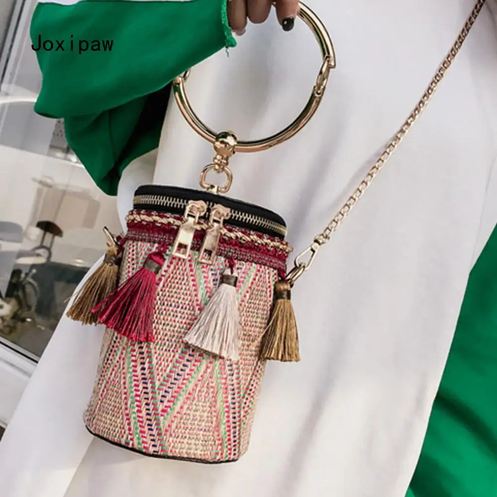 National Style Woven Bag, Women's Small Shoulder Bag with Tassel
