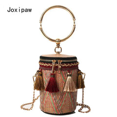 National Style Woven Bag, Women's Small Shoulder Bag with Tassel