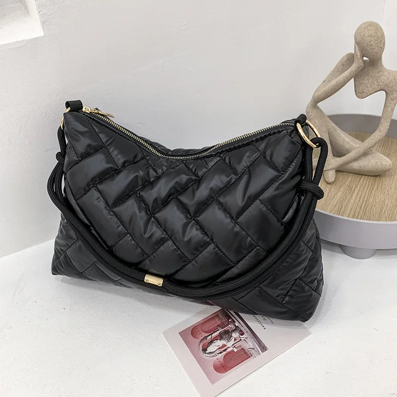 Nylon Down Shoulder Bag Plaid Crossbody Tote for Women