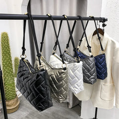 Nylon Down Shoulder Bag Plaid Crossbody Tote for Women