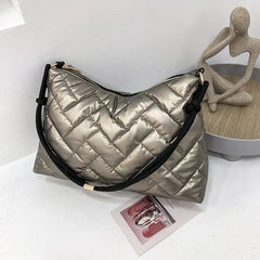 Nylon Down Shoulder Bag Plaid Crossbody Tote for Women