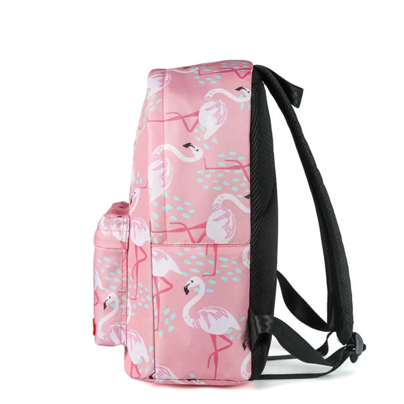 Pink Flamingo Printed Nylon Women Backpack for Teenage Girls