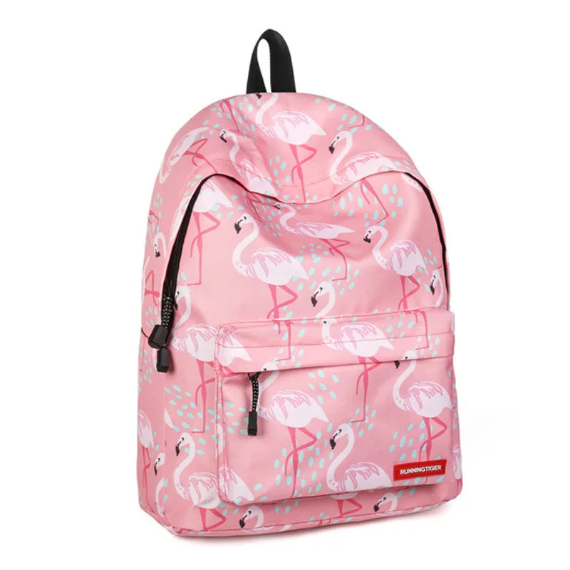 Pink Flamingo Printed Nylon Women Backpack for Teenage Girls