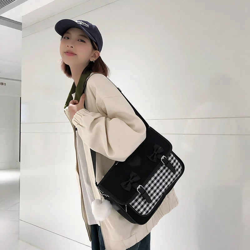Plaid Nylon Women's Backpack School Bag High Travel Rucksack Student