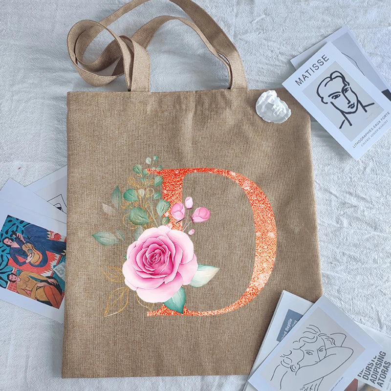 Orange Letter Print Women Shopping Tote Eco Bag Handbags Student Shopper