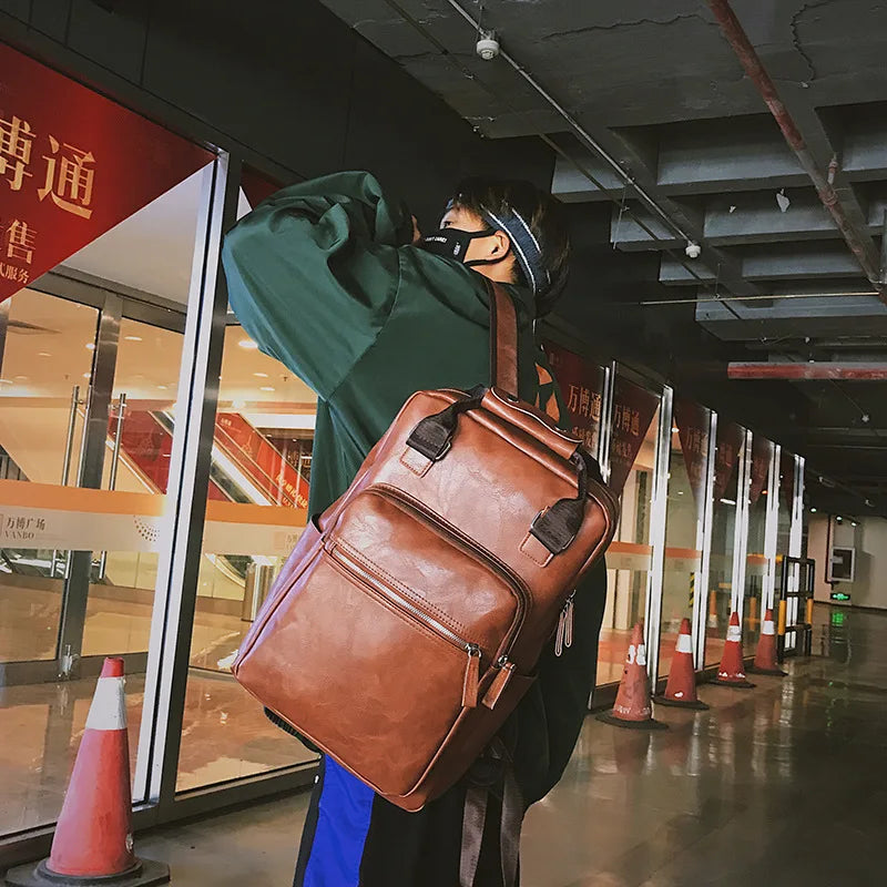 Vintage PU Leather Backpack Men Waterproof Laptop Business Travel Bag