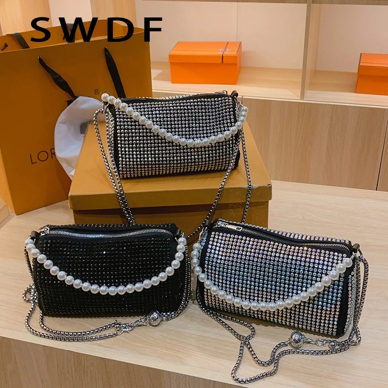 PU Leather Crossbody Bags for Women Lady Beaded Diamond Shoulder Purses Handbags