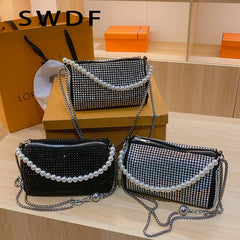 PU Leather Crossbody Bags for Women Lady Beaded Diamond Shoulder Purses Handbags
