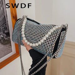PU Leather Crossbody Bags for Women Lady Beaded Diamond Shoulder Purses Handbags